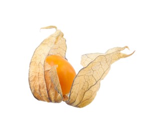 Photo of Ripe physalis fruit with calyx isolated on white