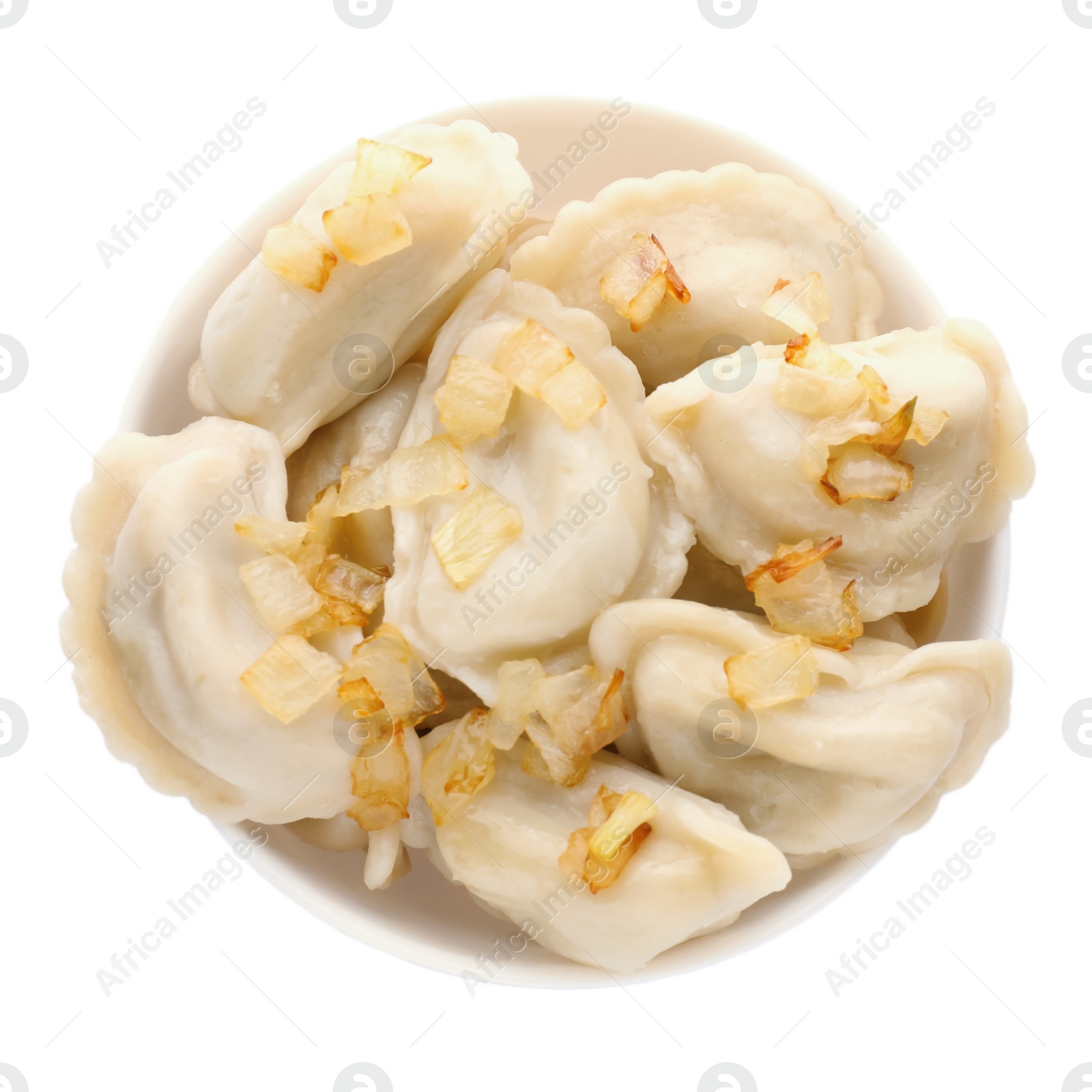 Photo of Delicious dumplings (varenyky) with potatoes and onion on white background, top view