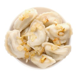 Delicious dumplings (varenyky) with potatoes and onion on white background, top view