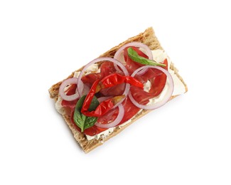 Photo of Delicious sandwich with bresaola, cream cheese, onion and chili pepper isolated on white, top view