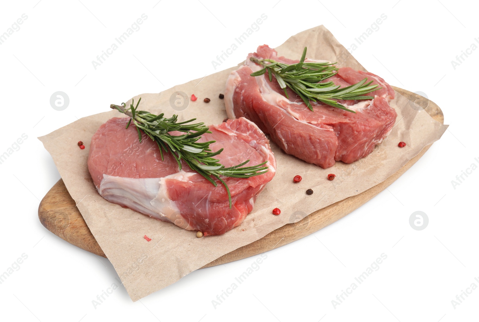 Photo of Fresh raw meat with rosemary and spices isolated on white