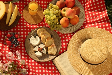 Photo of Picnic blanket with delicious food and juice, above view