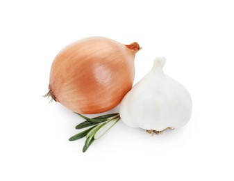 Photo of Fresh garlic, onion and rosemary isolated on white