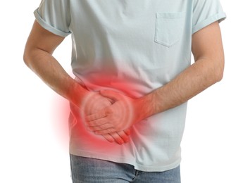 Man suffering from acute appendicitis on white background, closeup