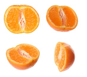 Image of Set with fresh ripe tangerines on white background