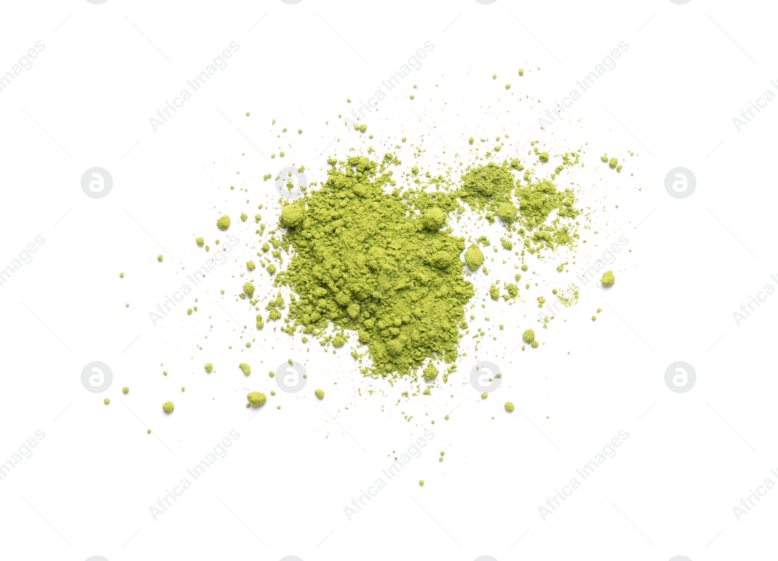 Photo of Pile of powdered matcha tea on white background, top view