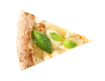 Photo of Slicetasty cheese pizza with basil isolated on white, top view