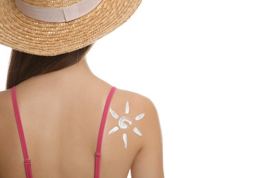 Teenage girl with sun protection cream on her back against white background
