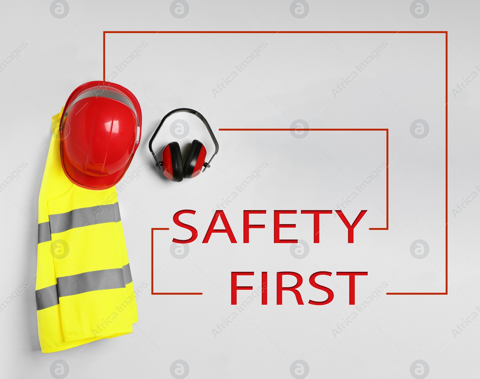 Image of Different safety equipment on light background, flat lay