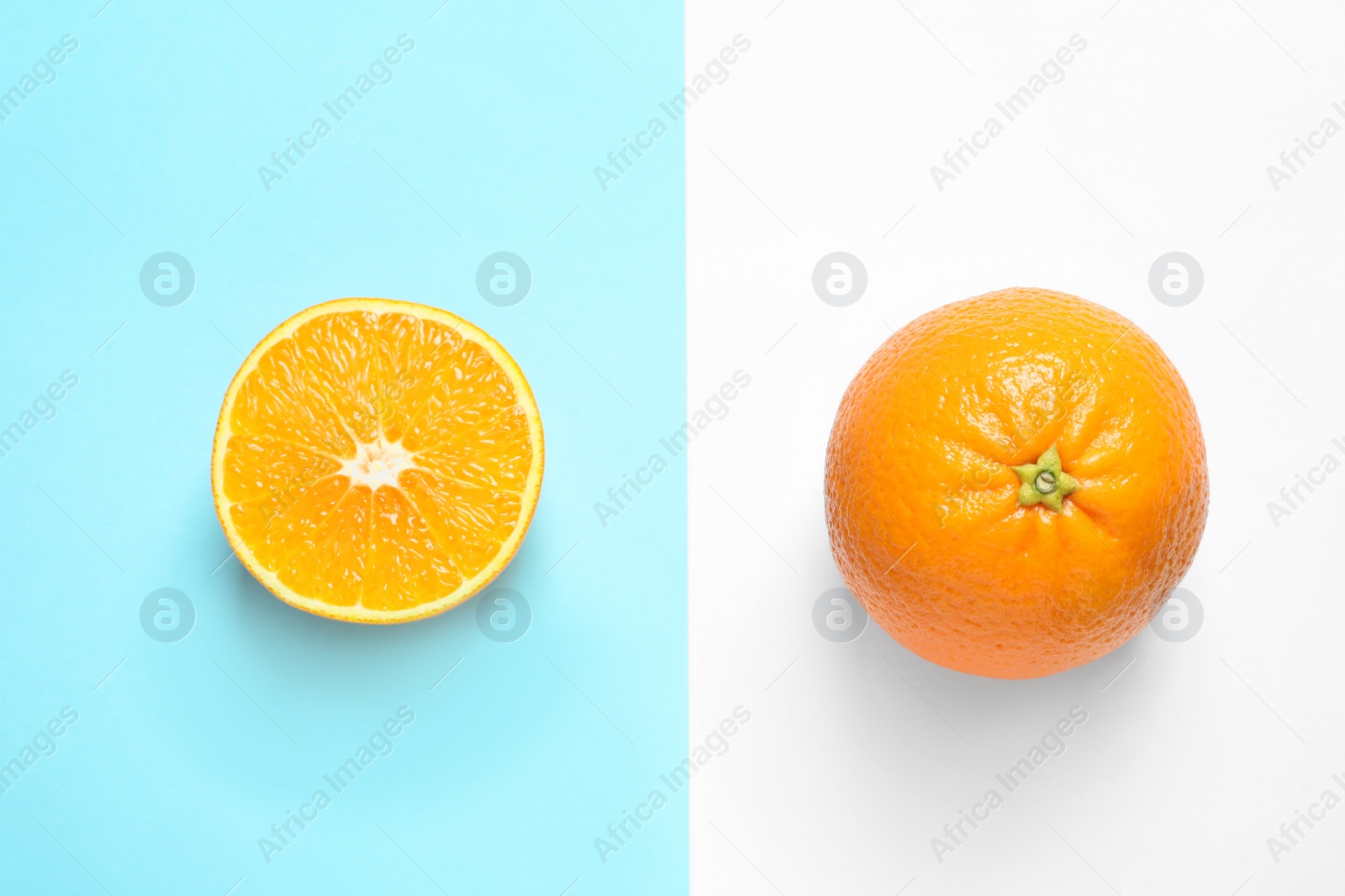 Photo of Flat lay composition with ripe oranges on color background