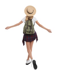 Photo of Woman with backpack and straw hat on white background, back view. Summer travel