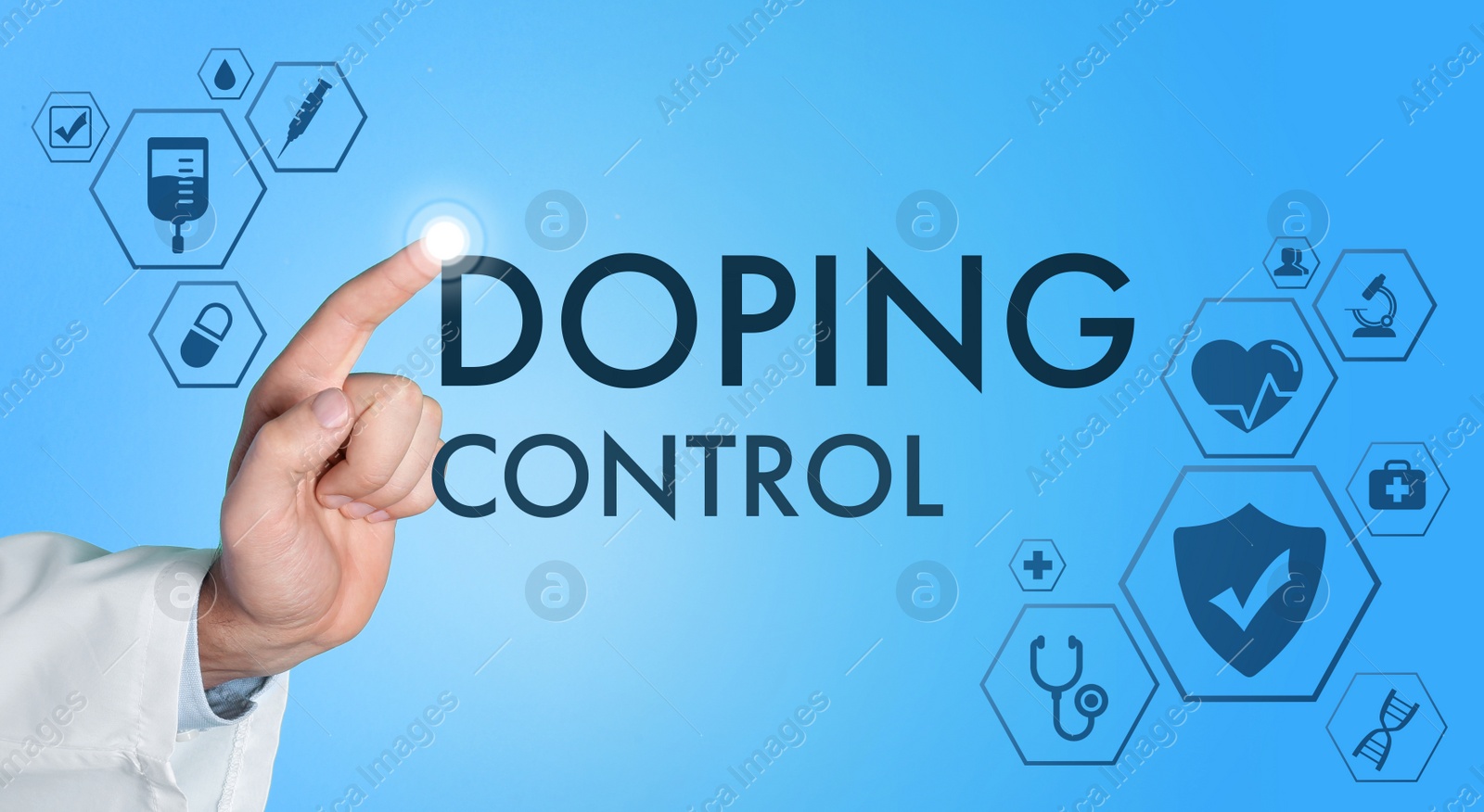 Image of Doctor pointing at inscription DOPING CONTROL on light blue background, closeup