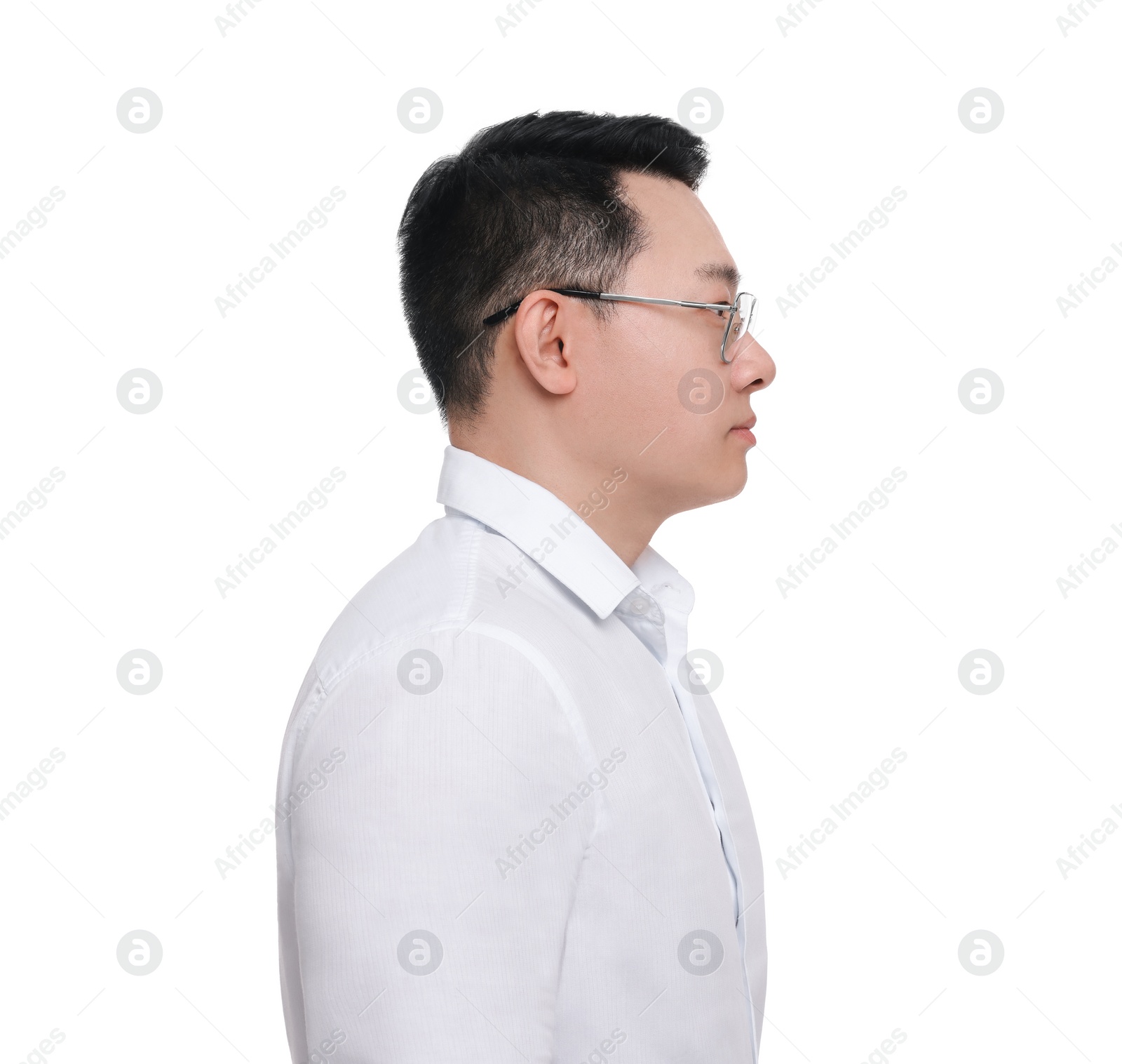 Photo of Businessman in formal clothes wearing glasses on white background