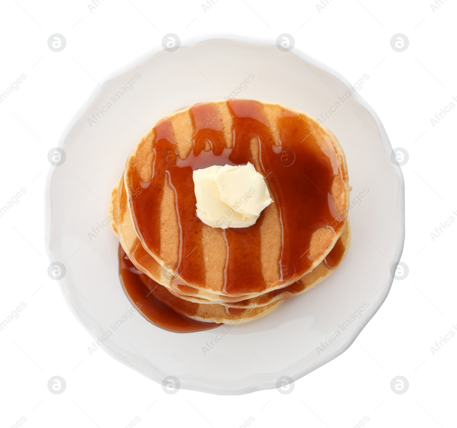 Photo of Plate with delicious pancakes on white background