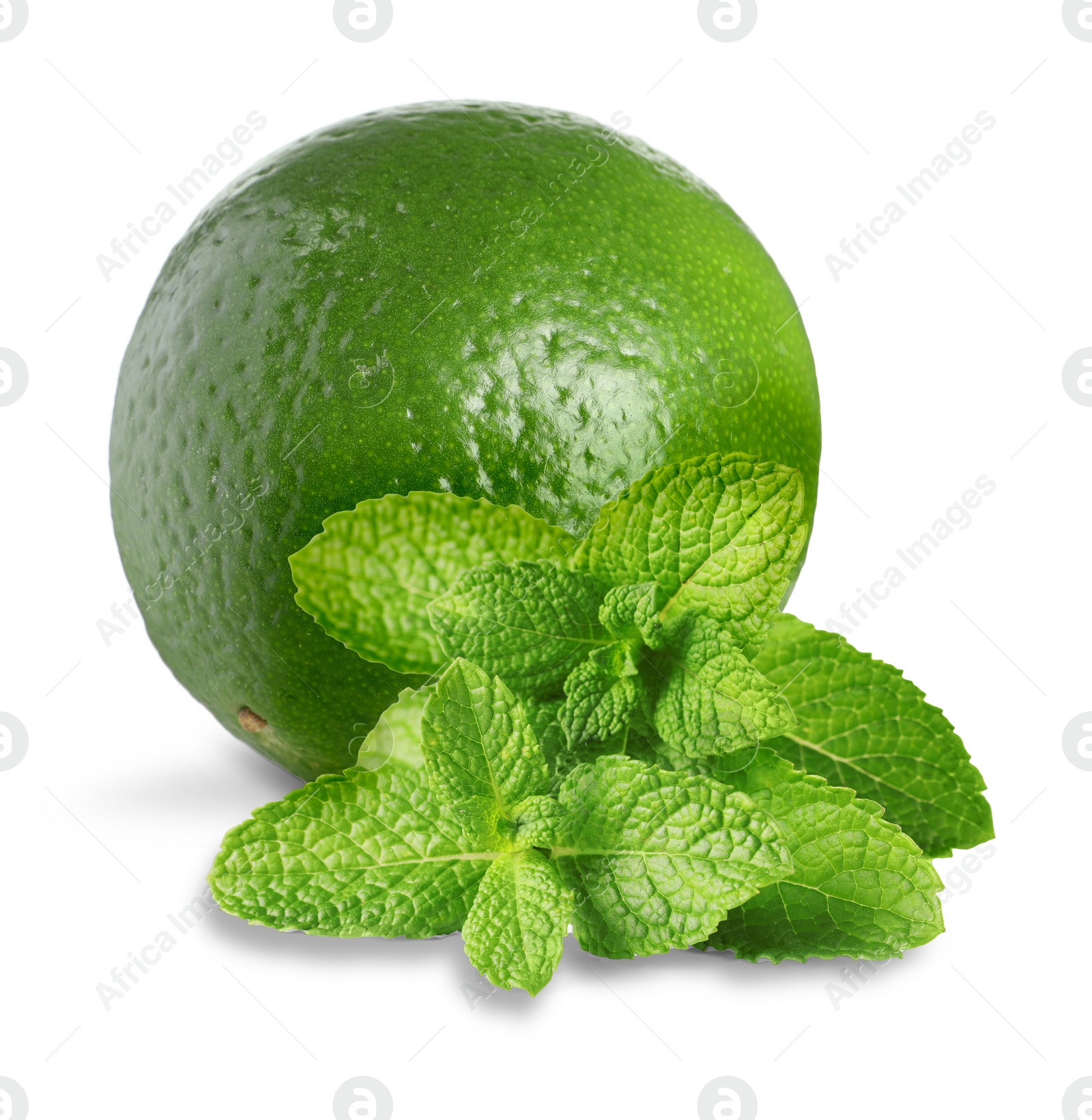 Image of Fresh ripe lime and green mint leaves isolated on white