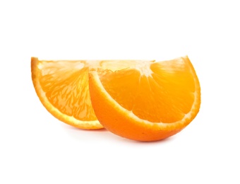 Photo of Slices of ripe orange isolated on white