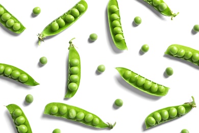 Photo of Flat lay composition with delicious fresh green peas on white background