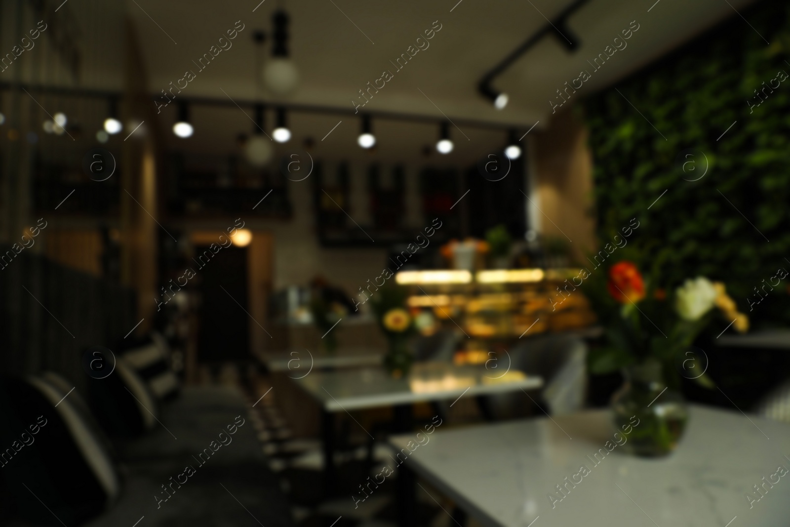 Photo of Stylish cafe interior with furniture, blurred view