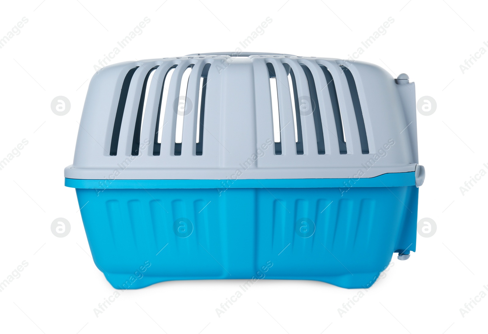 Photo of Light blue pet carrier isolated on white