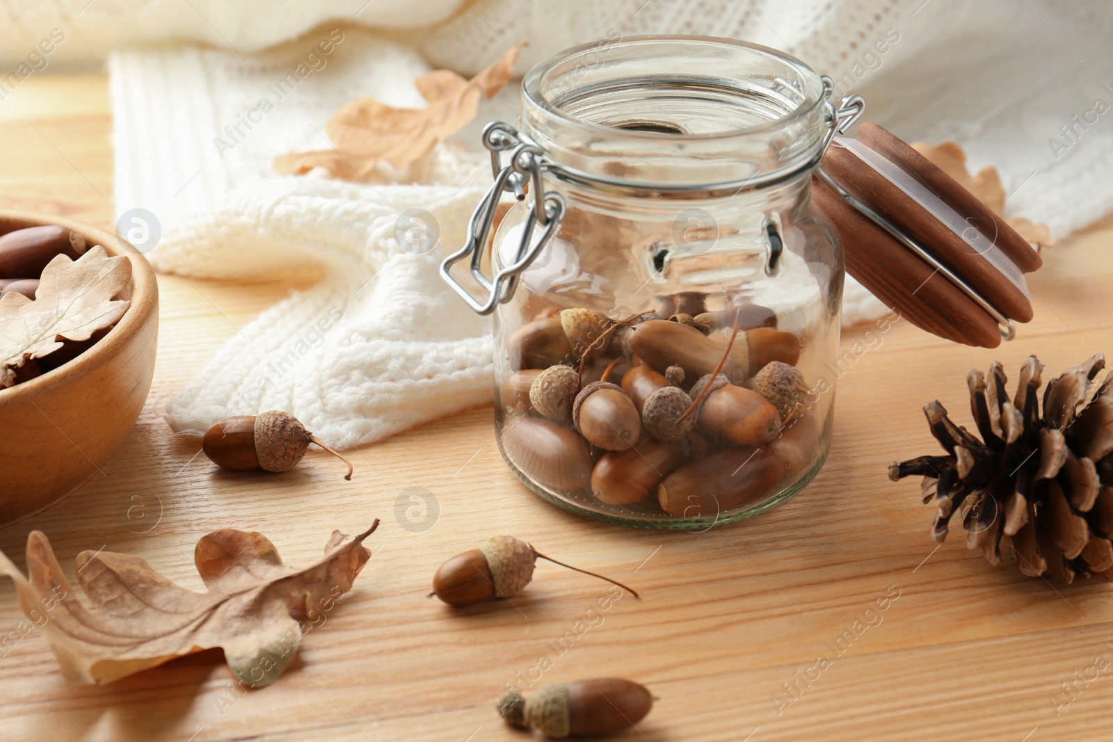 Photo of Acorns, oak leaves and pine cone on wooden table