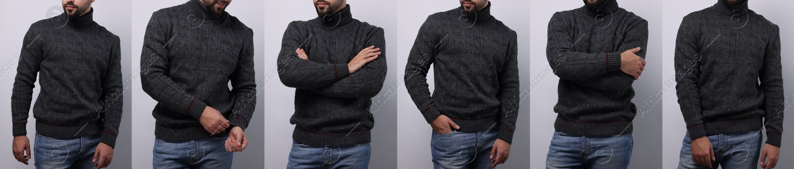 Image of Man in warm sweater on light grey background, set of photos