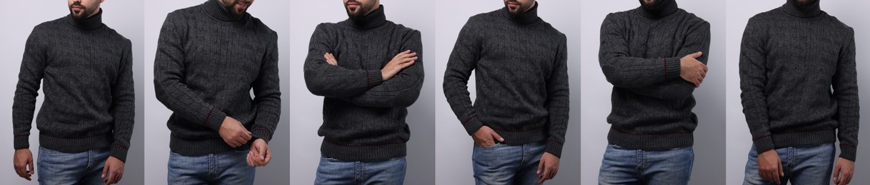 Man in warm sweater on light grey background, set of photos