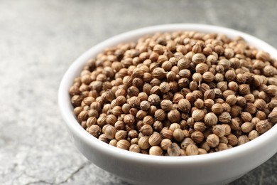 Dried coriander seeds in bowl on gray table, closeup