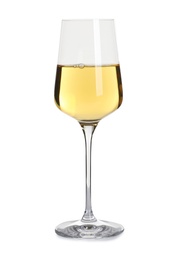 Photo of Glass of delicious expensive wine on white background