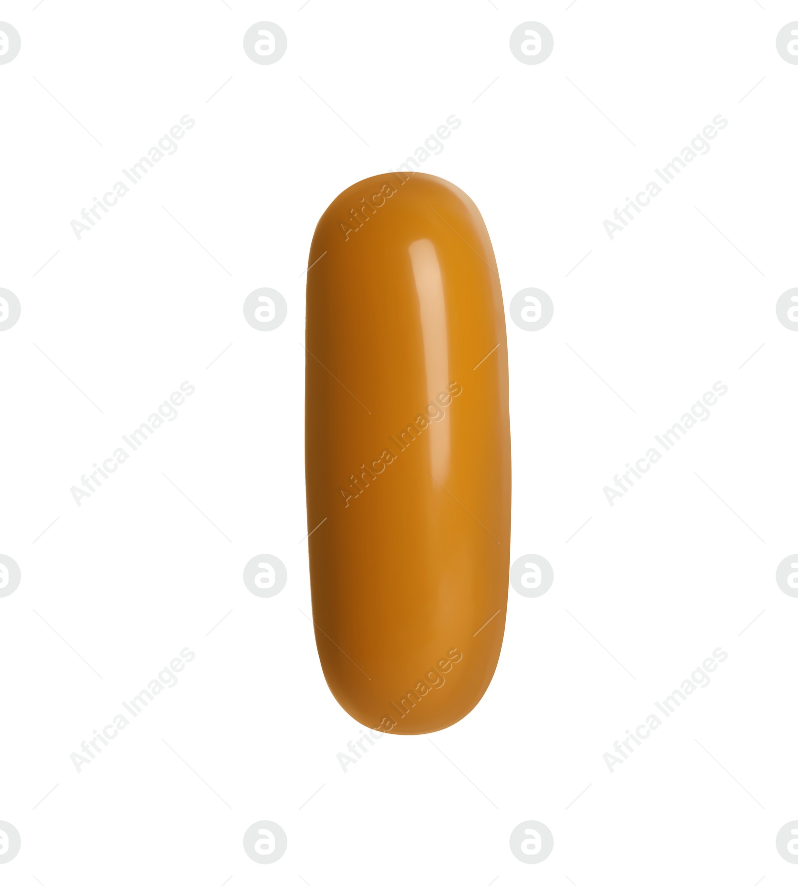 Photo of One light brown pill on white background. Medicinal treatment