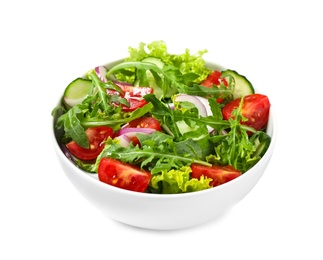 Photo of Delicious salad with arugula and vegetables isolated on white