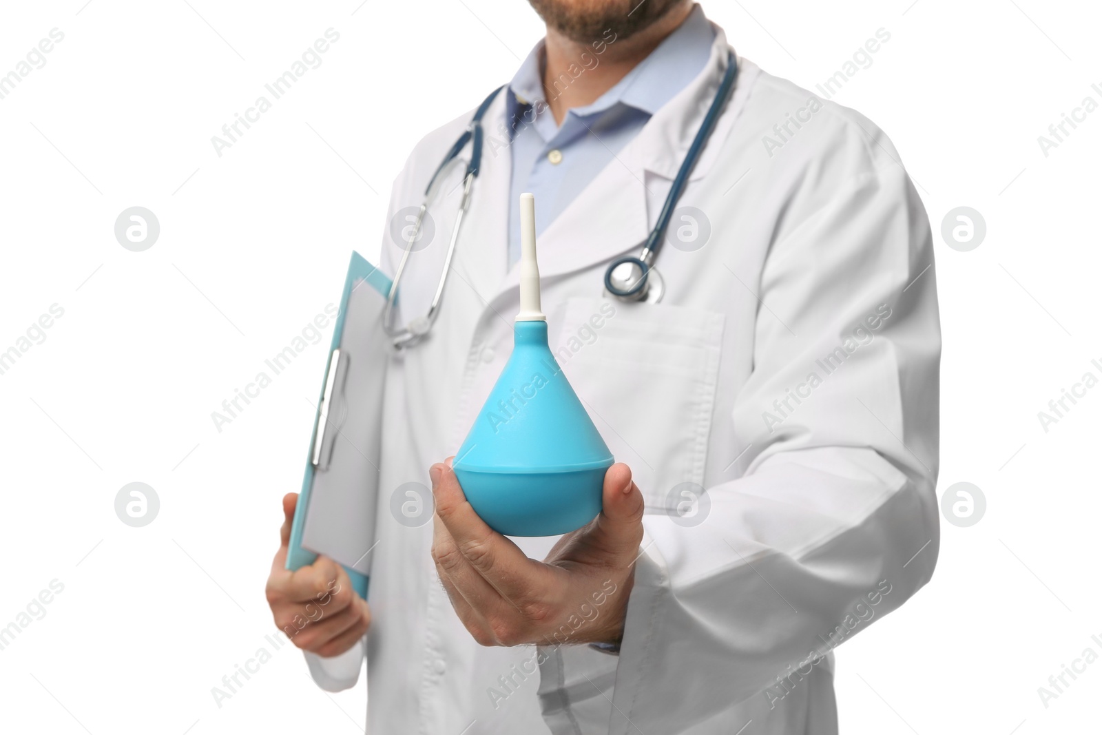 Photo of Doctor holding light blue enema and clipboard on white background, closeup