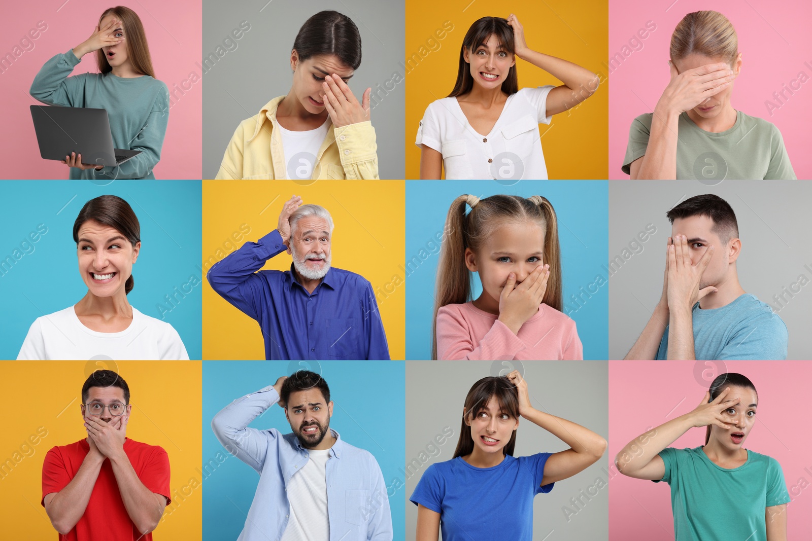 Image of Collage with photos of embarrassed people on different color backgrounds