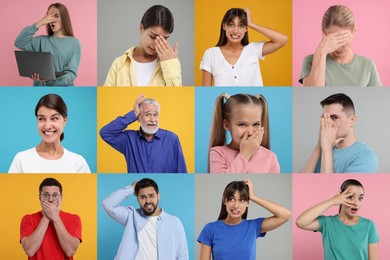 Image of Collage with photos of embarrassed people on different color backgrounds