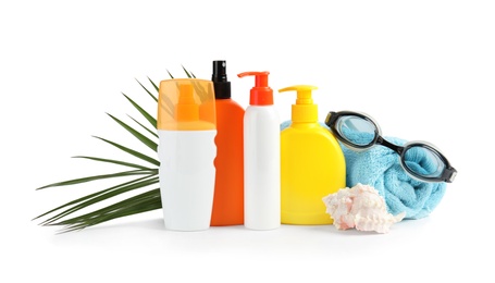 Photo of Composition with sun protection products on white background. Body care