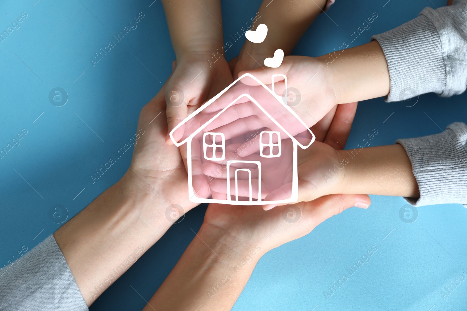 Image of Illustration of house and happy family holding hands on blue background, top view