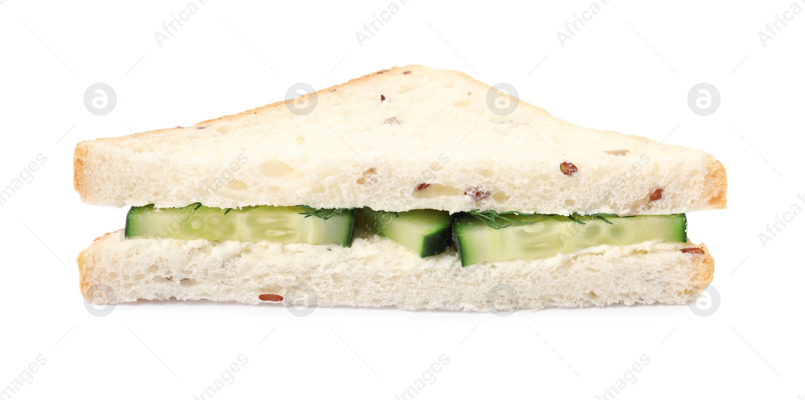 Photo of Tasty fresh cucumber sandwich isolated on white
