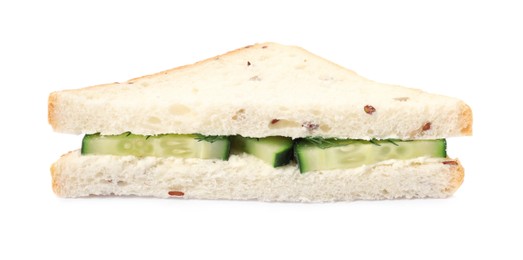 Photo of Tasty fresh cucumber sandwich isolated on white