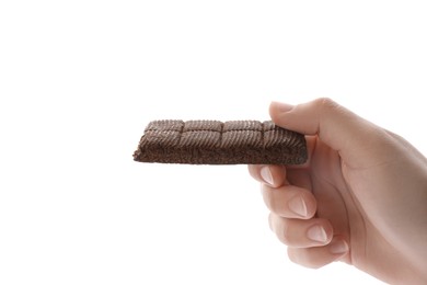 Photo of Woman holding hematogen bar on white background, closeup