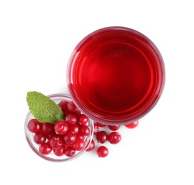 Tasty refreshing cranberry juice, mint and fresh berries isolated on white, top view