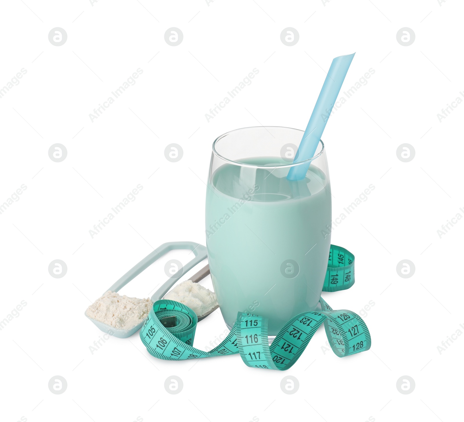 Photo of Tasty shake, measuring tape and scoops with different powders isolated on white. Weight loss