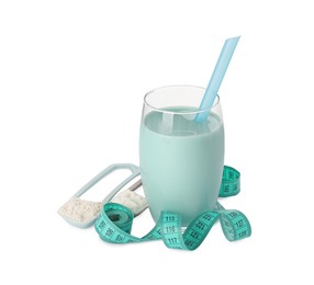Tasty shake, measuring tape and scoops with different powders isolated on white. Weight loss