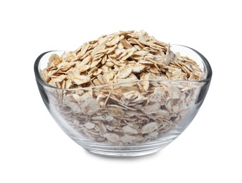 Photo of Raw oatmeal in glass bowl on white background