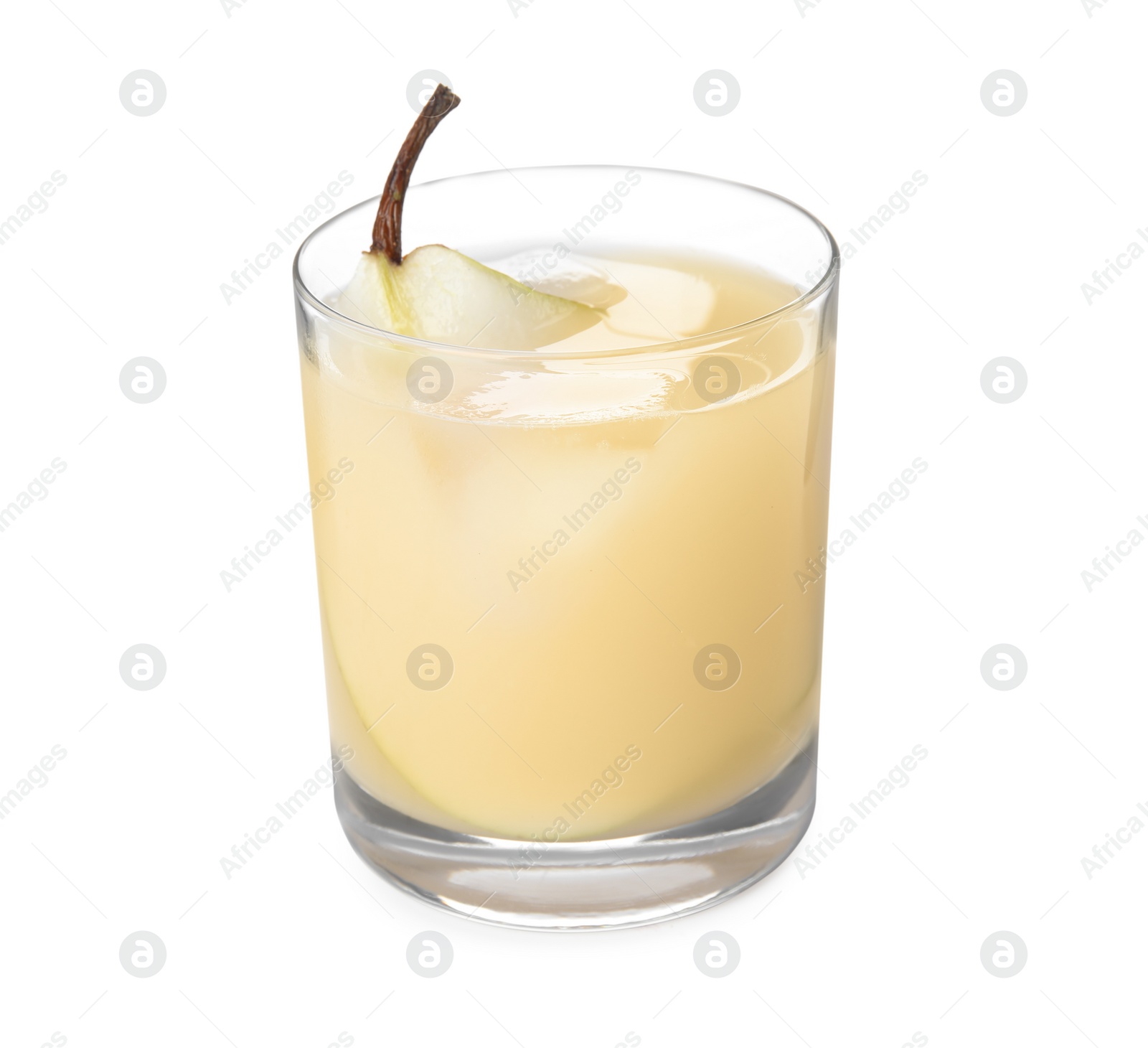 Photo of Tasty juice and pear in glass isolated on white