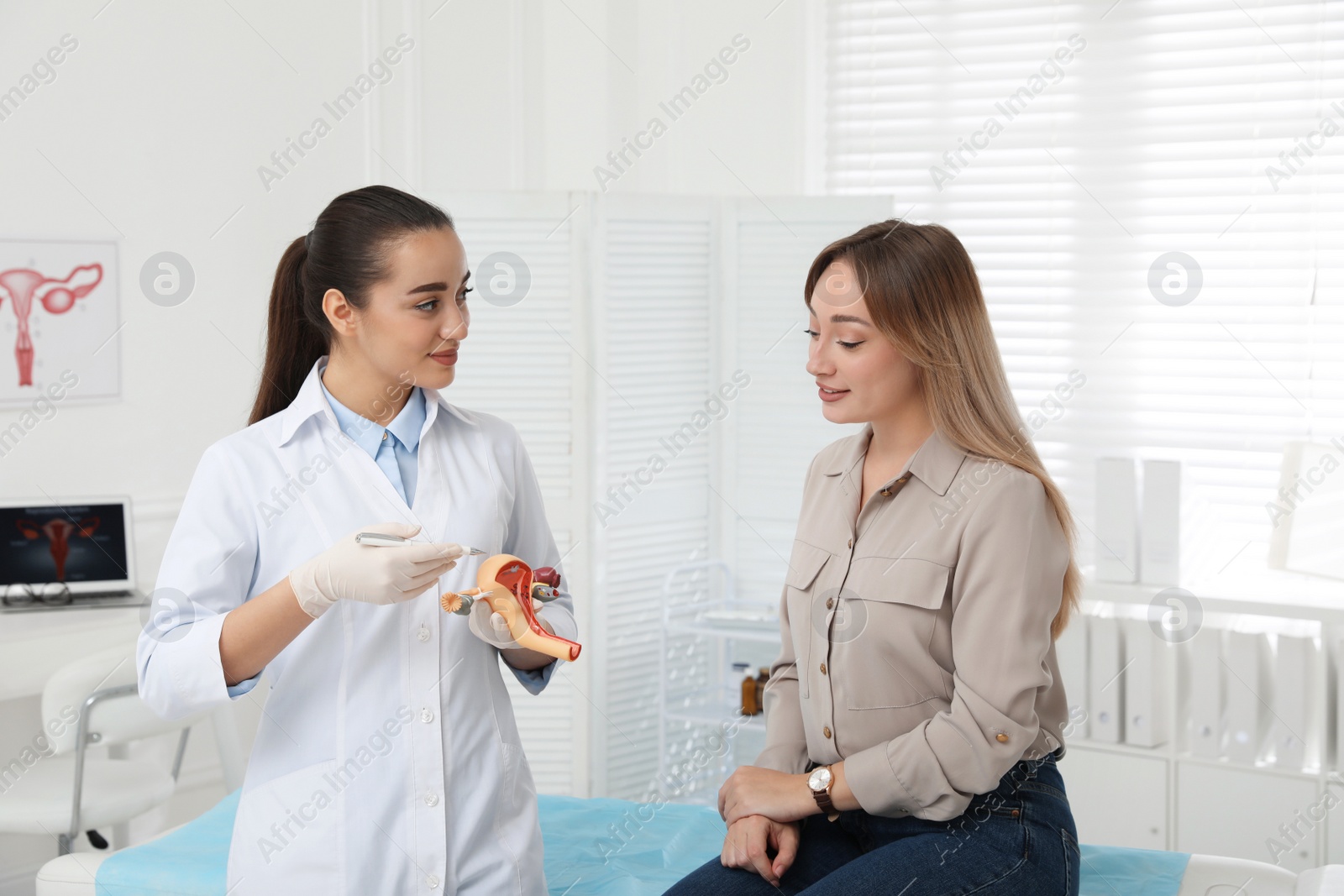 Photo of Gynecologist demonstrating model of female reproductive system to young woman in clinic