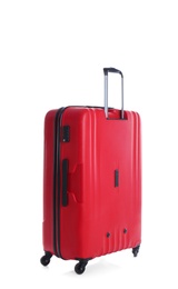 Photo of Red suitcase for travelling on white background