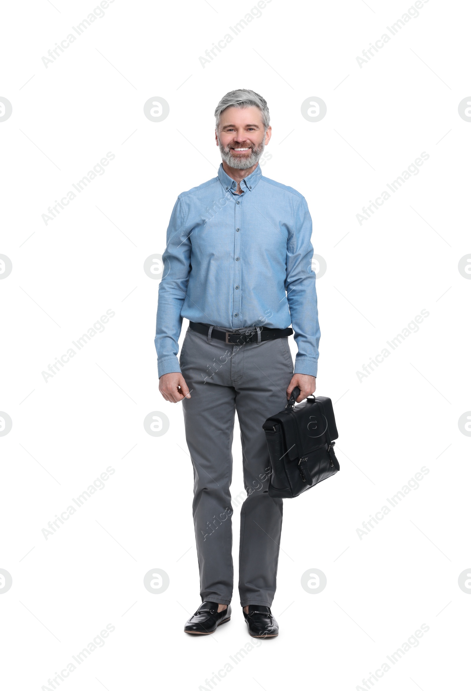 Photo of Mature businessman in stylish clothes with briefcase on white background