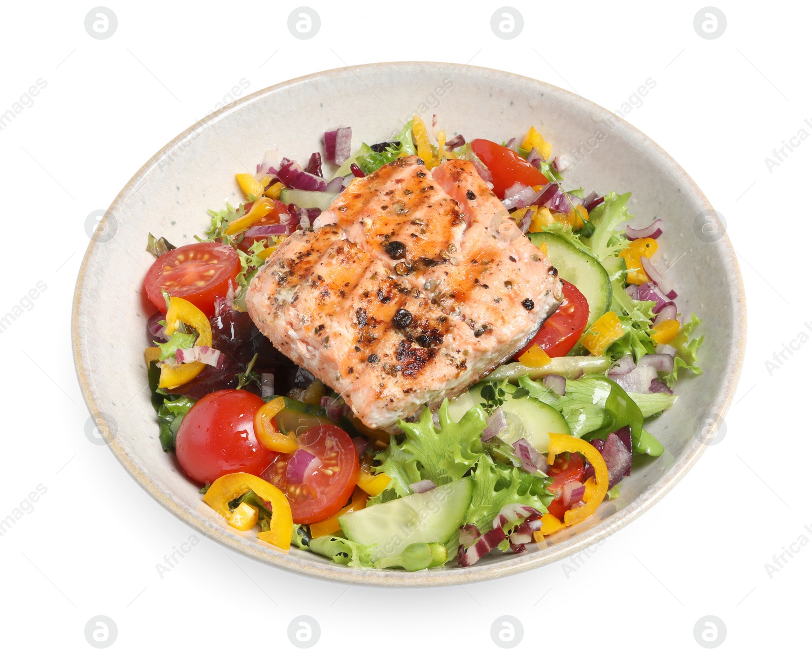 Photo of Bowl with tasty salmon and mixed vegetables on white background