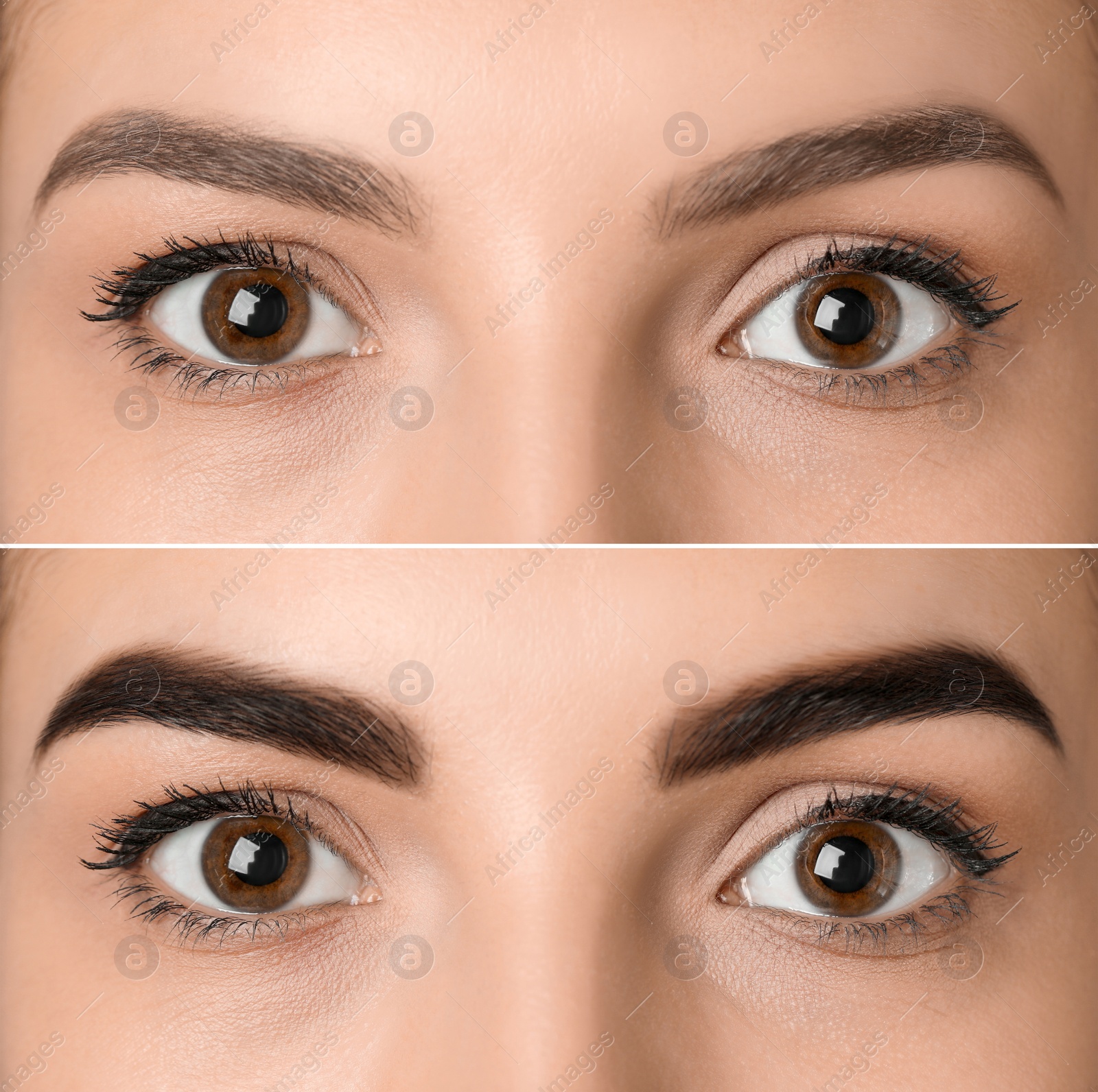 Image of Collage with photos of young woman before and after permanent makeup procedure, closeup