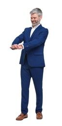 Photo of Mature businessman in stylish clothes posing on white background