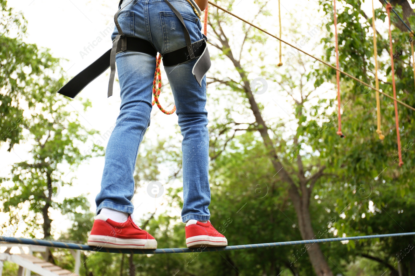 Photo of Little girl climbing in adventure park, closeup. Summer camp